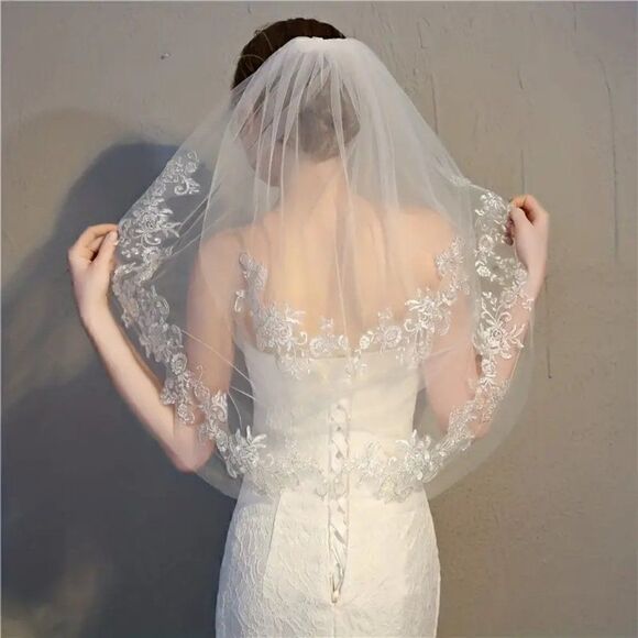 Floral Lace Edge Elbow Bridal Wedding Veil With Comb Ivory Veil White Veil